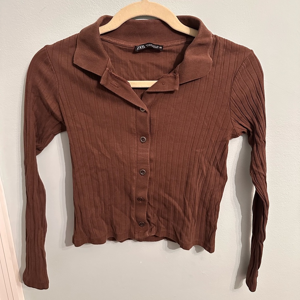 Zara Chocolate Ribbed Button-Down Shirt